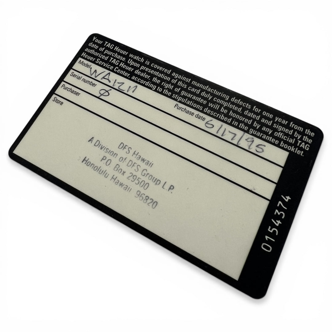 1995 Tag Heuer Formula 1 WA1211 Guarantee Card