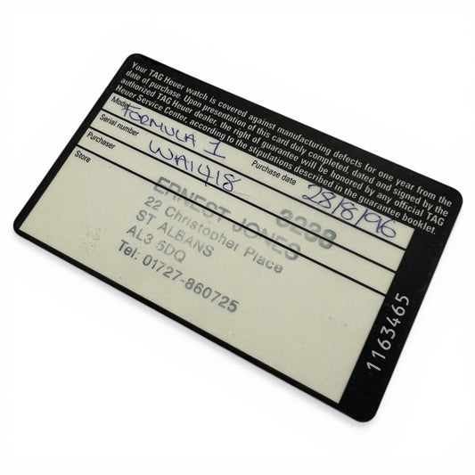 1996 Tag Heuer Formula 1 WA1418 Guarantee Card