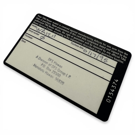 1995 Tag Heuer Formula 1 WA1211 Guarantee Card